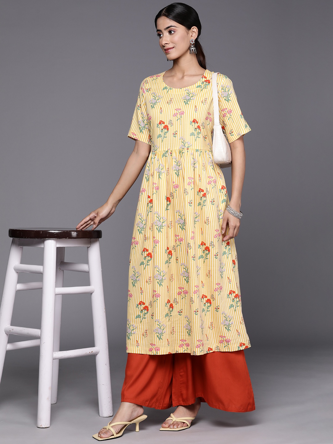 

Biba Pure Cotton Striped With Floral Detail Anarkali Kurta, Yellow