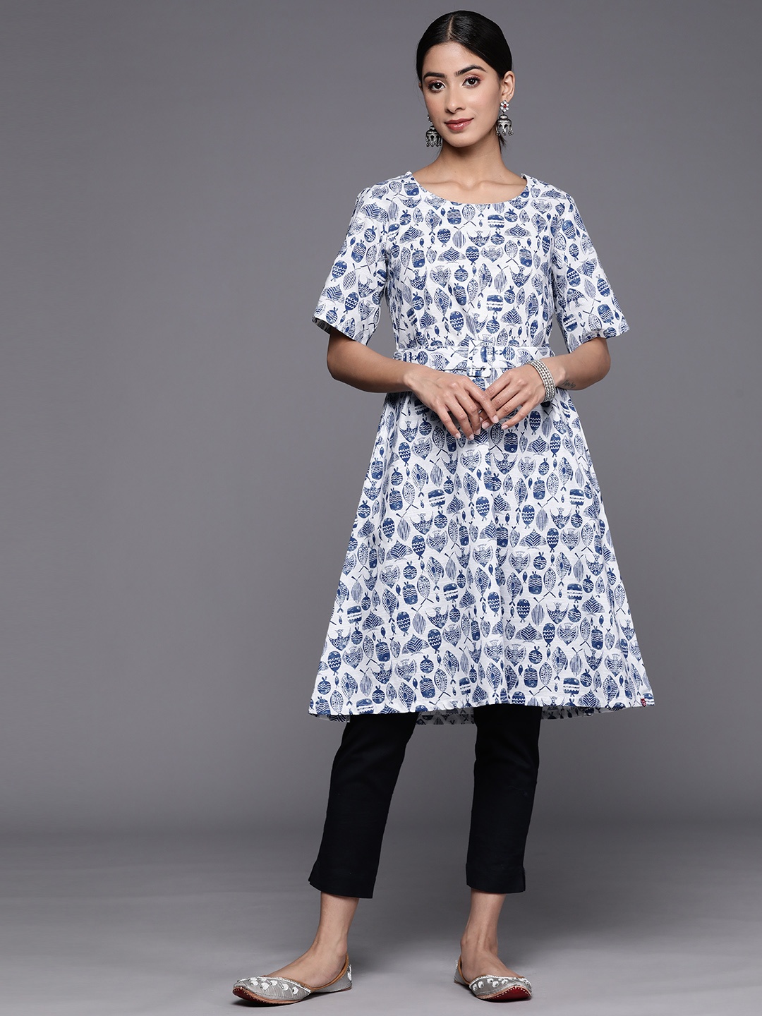 

Biba Ethnic Motifs Printed Pure Cotton Kurta With Belt, White