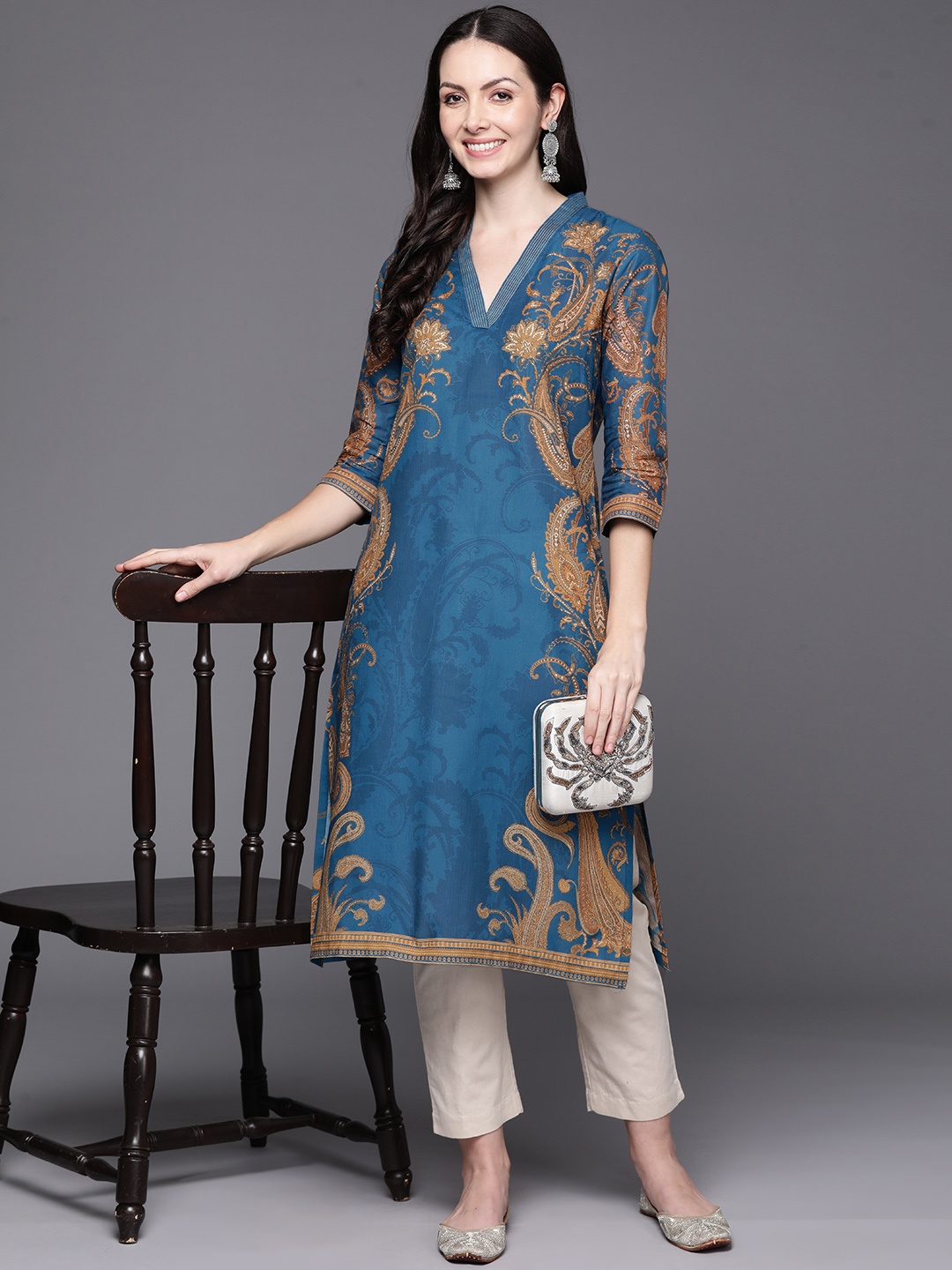 

Biba Cotton Ethnic Motifs Print Kurta, Teal