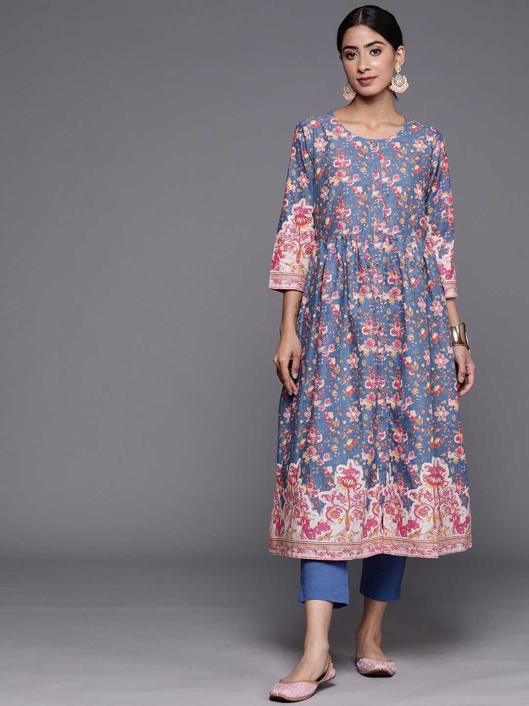 

Biba Floral Printed Pure Cotton A-line Kurta with Trousers, Blue