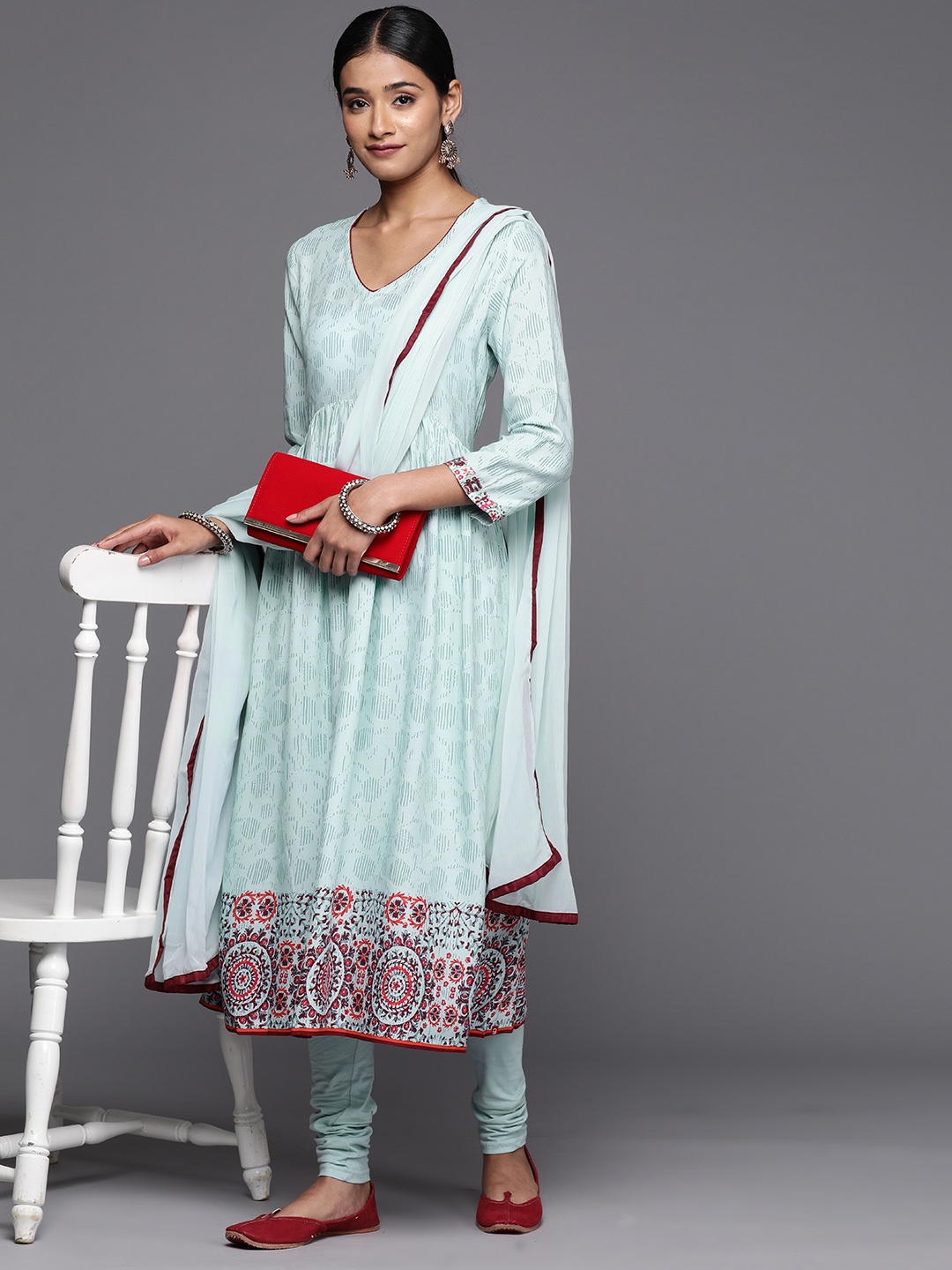 

Biba Women Ethnic Motifs Printed Regular Kurta with Churidar & Dupatta, Blue