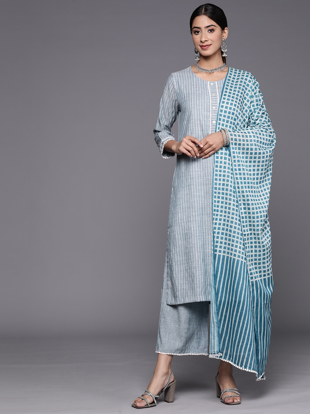 

Biba Self-Striped Gota Patti Detail Straight Kurta with Palazzos & Checked Dupatta, Teal