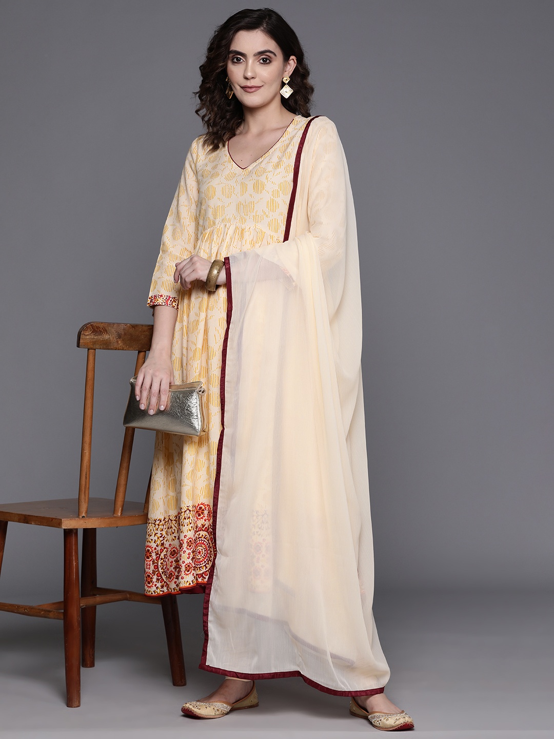 

Biba Printed Anarkali Kurta with Churidar & Dupatta, Cream