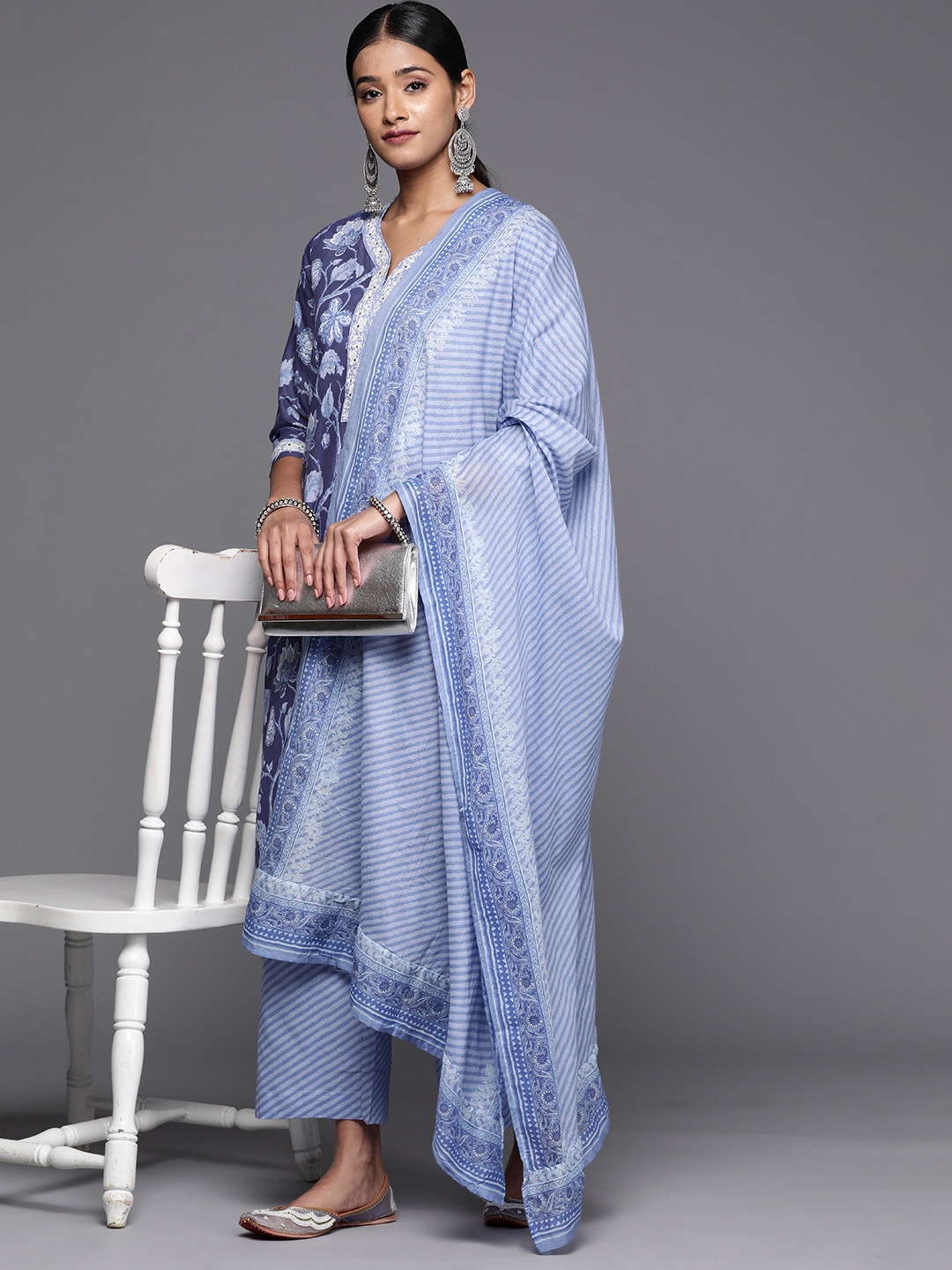 

Biba Women Floral Printed Regular Pure Cotton Kurta with Palazzos & Dupatta, Blue