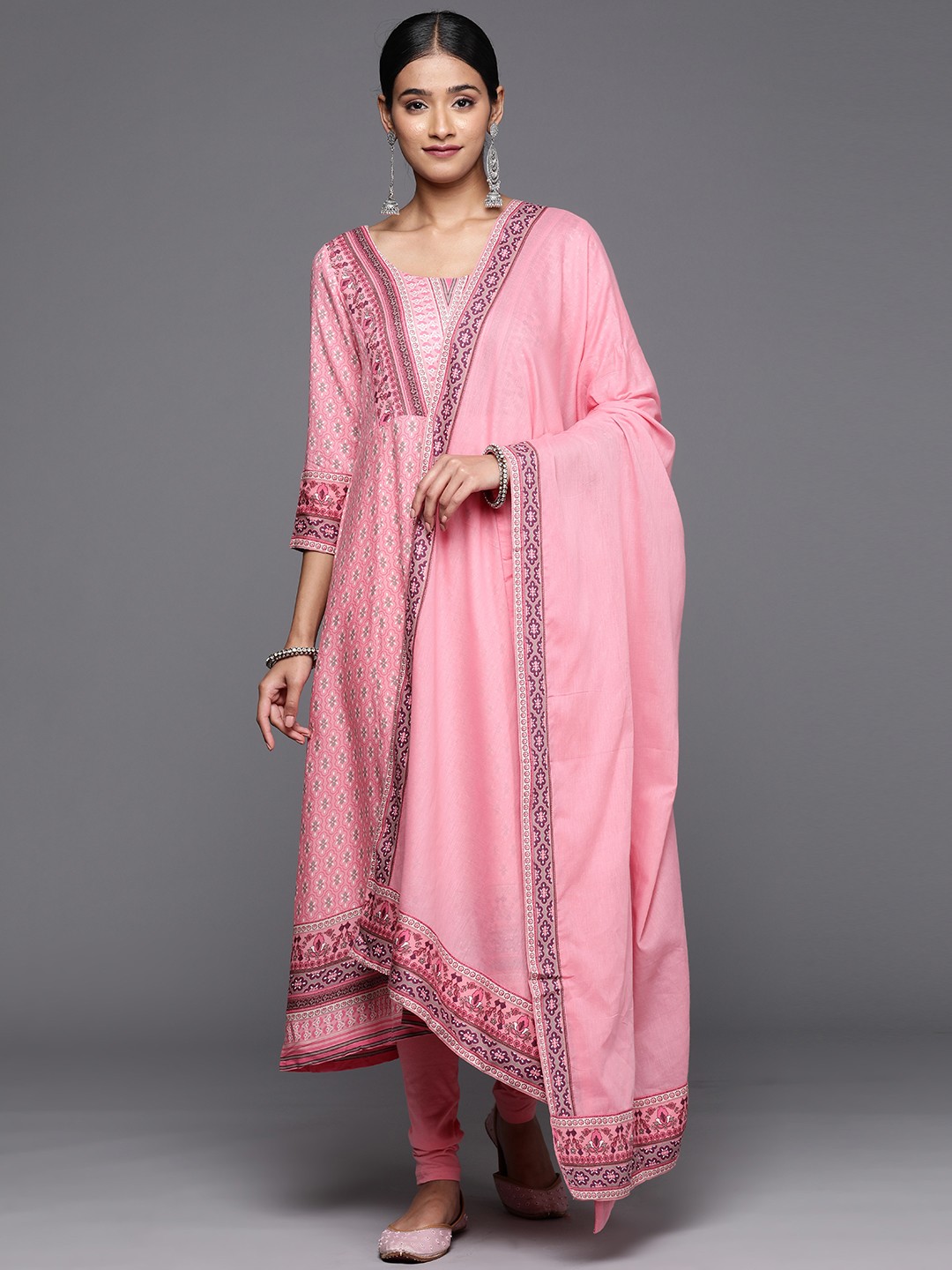

Biba Women Ethnic Motifs Printed Regular Kurta with Churidar & Dupatta, Pink