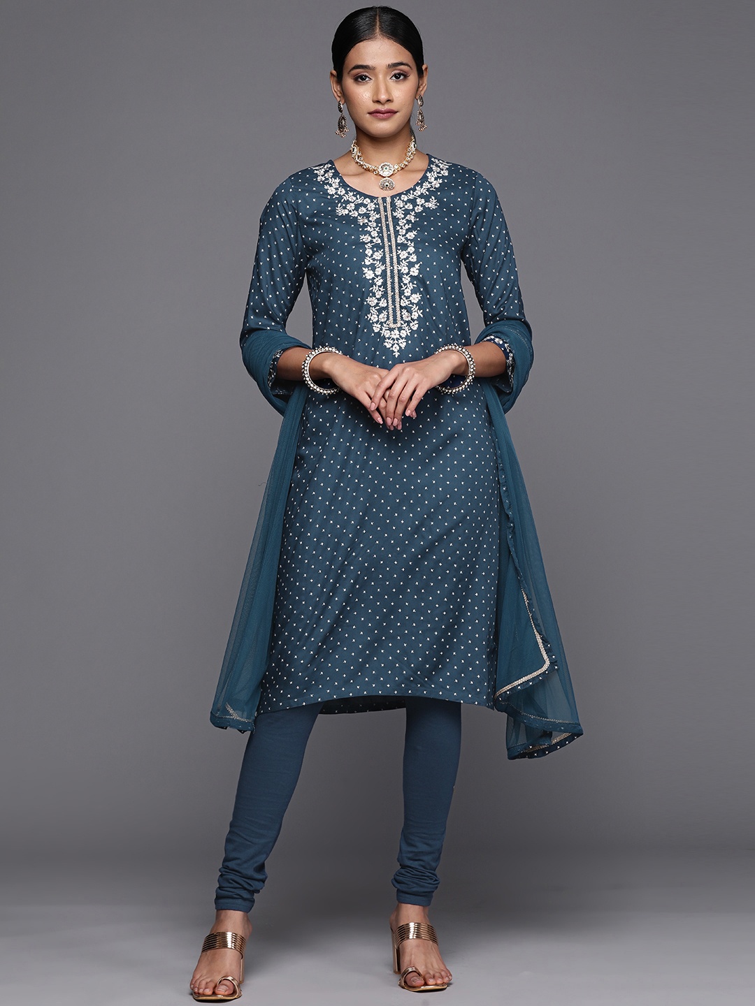 

Biba Women Ethnic Motifs Printed Regular Gotta Patti Kurta with Churidar & Dupatta, Teal