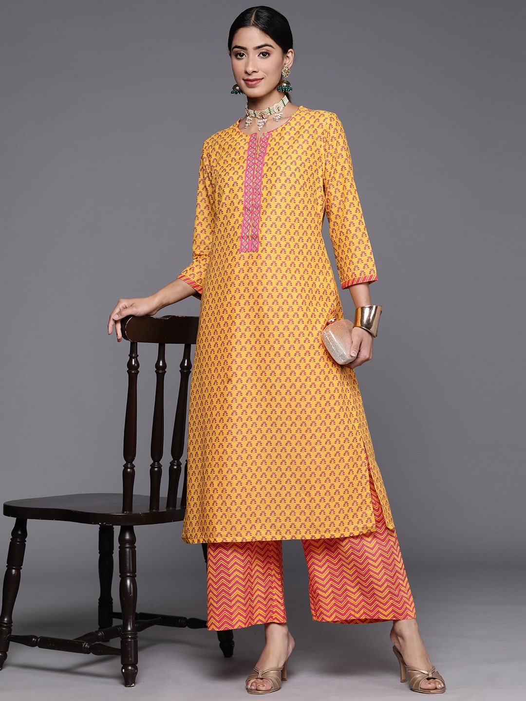 

Biba Pure Cotton Ethnic Motifs Printed Straight Kurta with Palazzos, Yellow