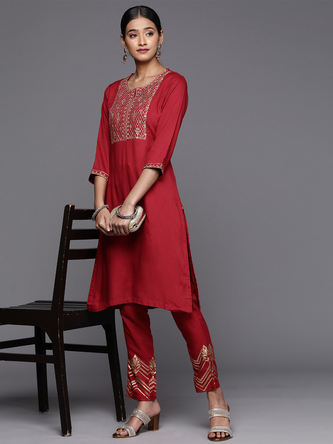 

Biba Women Yoke Design Kurta with Trousers, Red