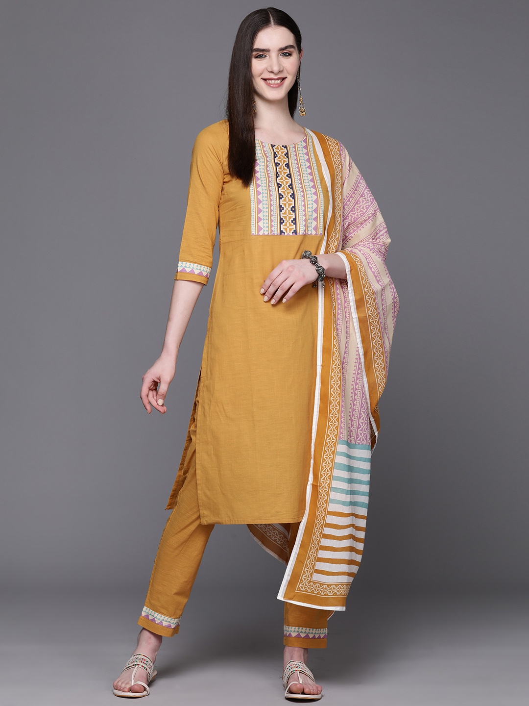 

Biba Women Cotton Yoke Design Regular Kurta with Trousers & Dupatta, Rust