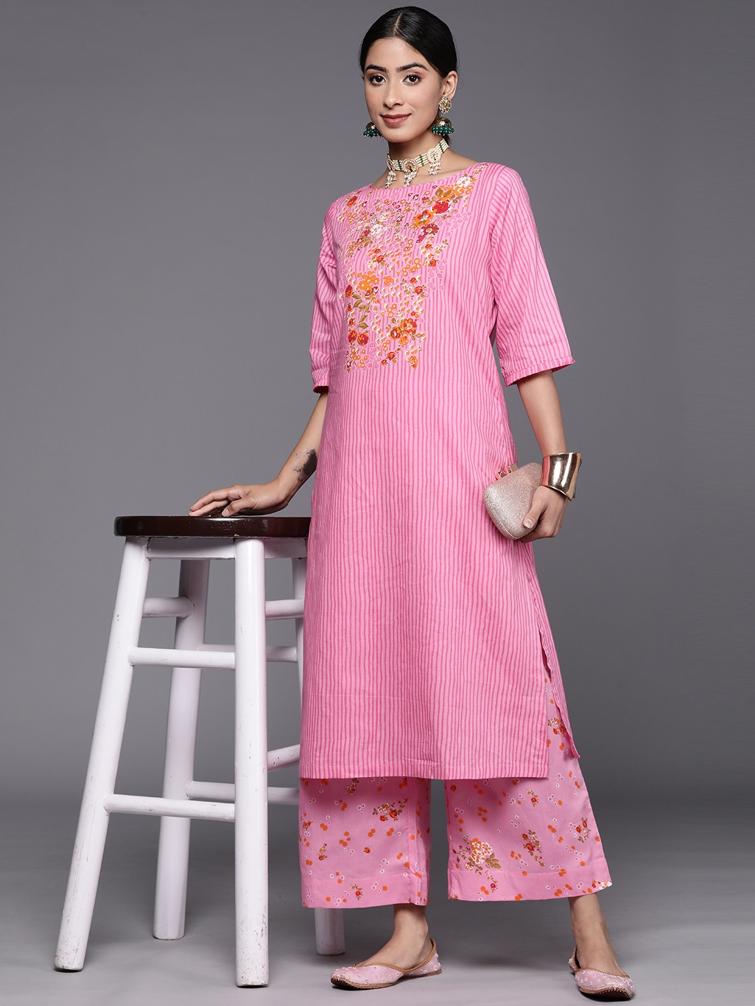 

Biba Floral Printed Pure Cotton Kurta with Palazzos, Pink