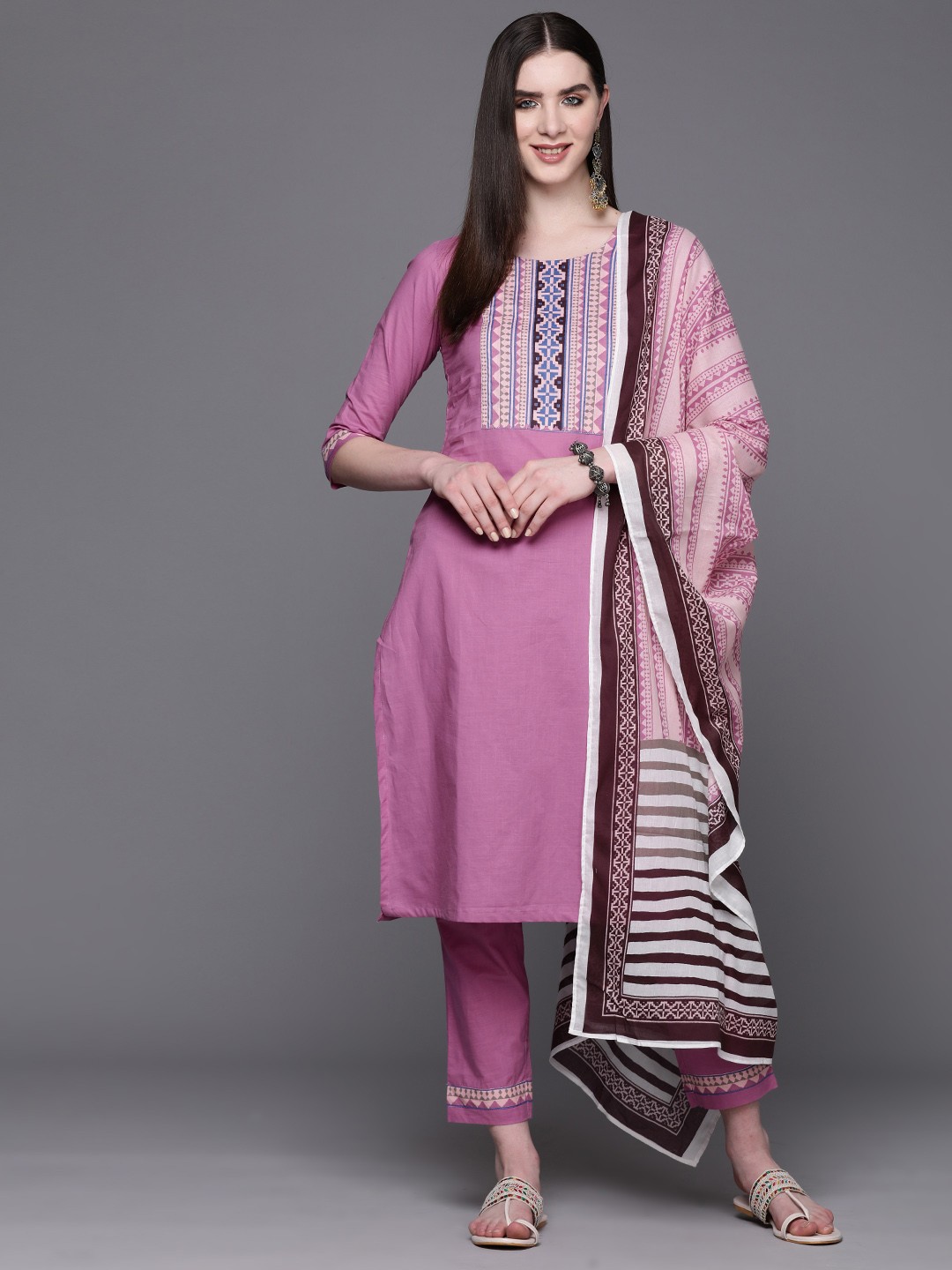 

Biba Women Cotton Yoke Design Regular Kurta with Trousers & Dupatta, Purple
