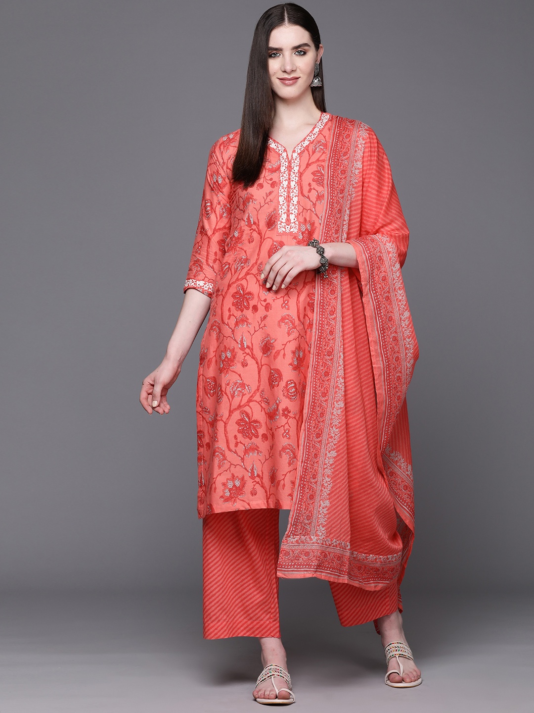 

Biba Women Pure Cotton Printed Thread Work Kurta with Palazzos & Dupatta, Coral