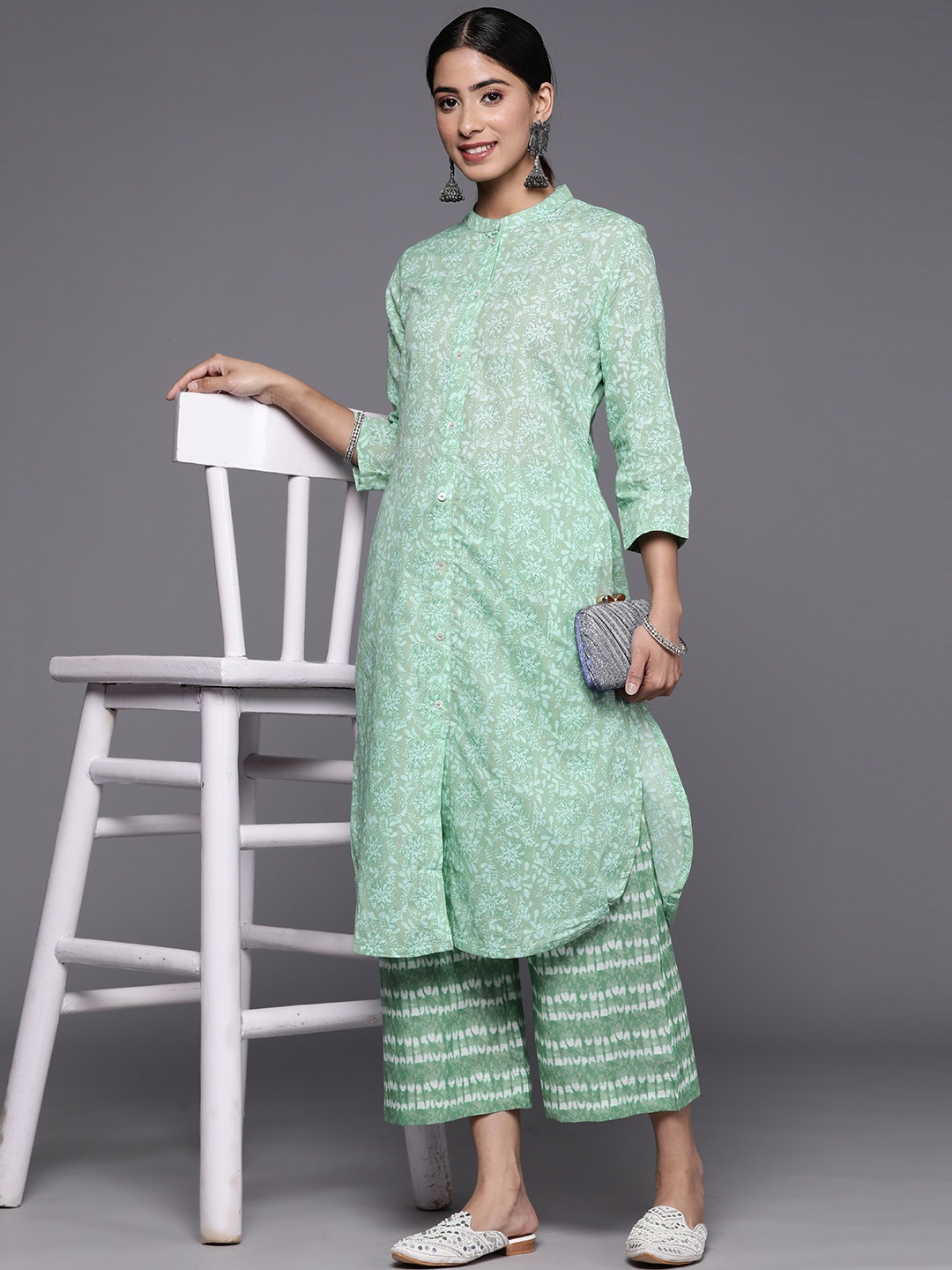 

Biba Women Ethnic Motifs Printed Pure Cotton Straight Kurta with Palazzos, Green