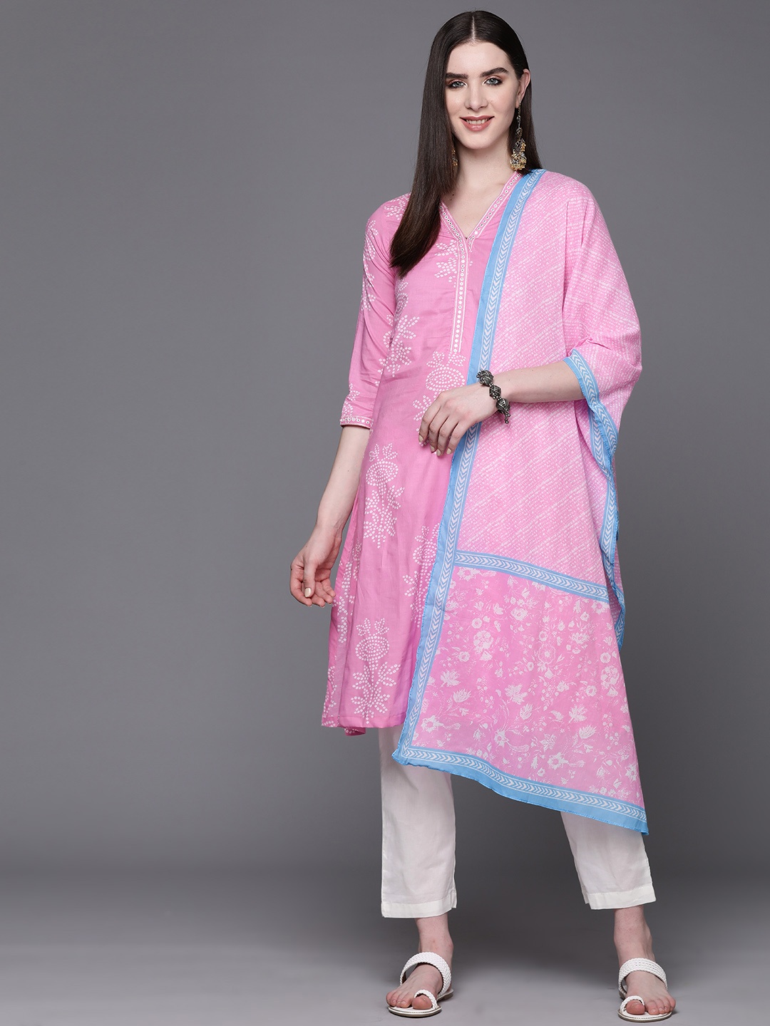 

Biba Women Pure Cotton Bandhani Print Mirror Work Kurta with Trousers & Dupatta, Pink