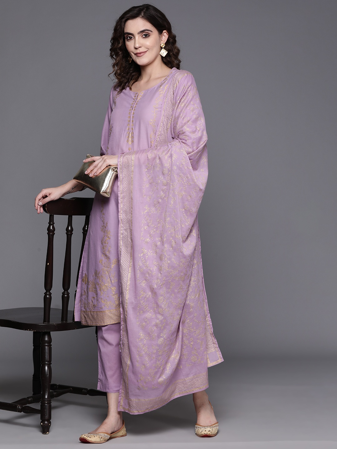 

Biba Floral Print Pure Cotton Kurta with Trousers & Dupatta, Lavender