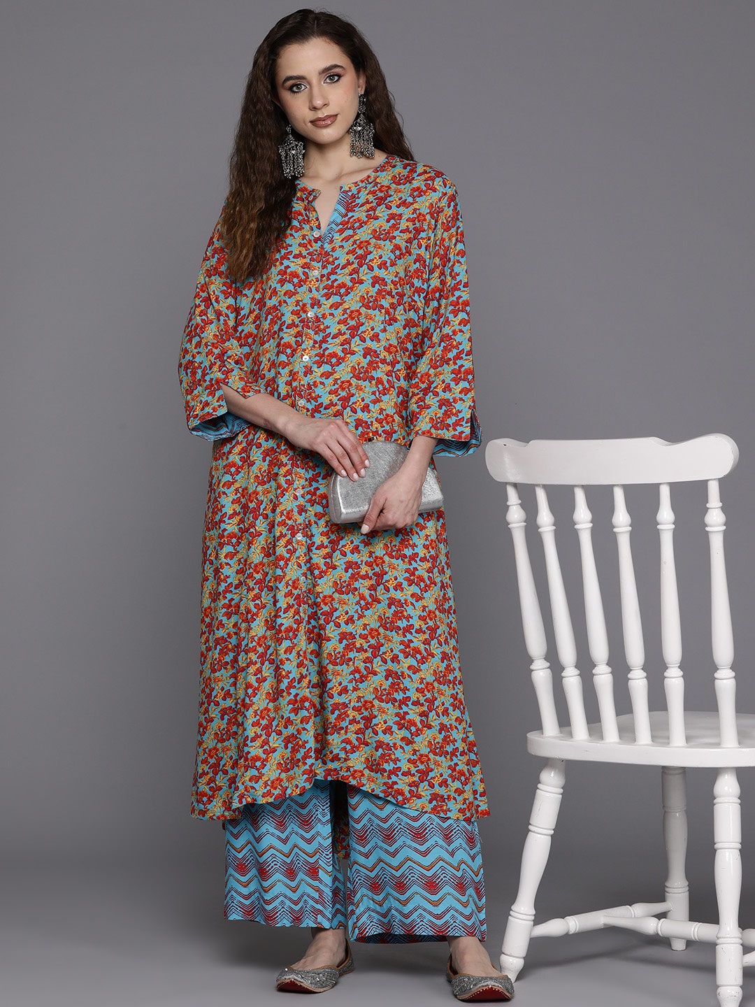 

Biba Floral Print Kurta with Palazzos, Blue