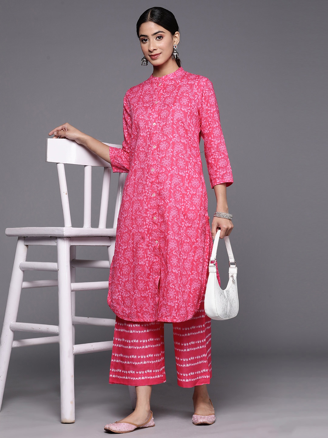 

Biba Women Ethnic Motifs Printed Pure Cotton Straight Kurta with Palazzos, Pink