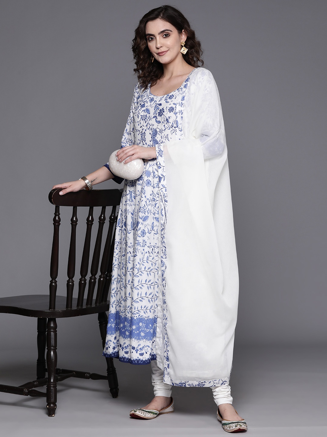 

Biba Floral Print Kurta with Churidar & Dupatta, White