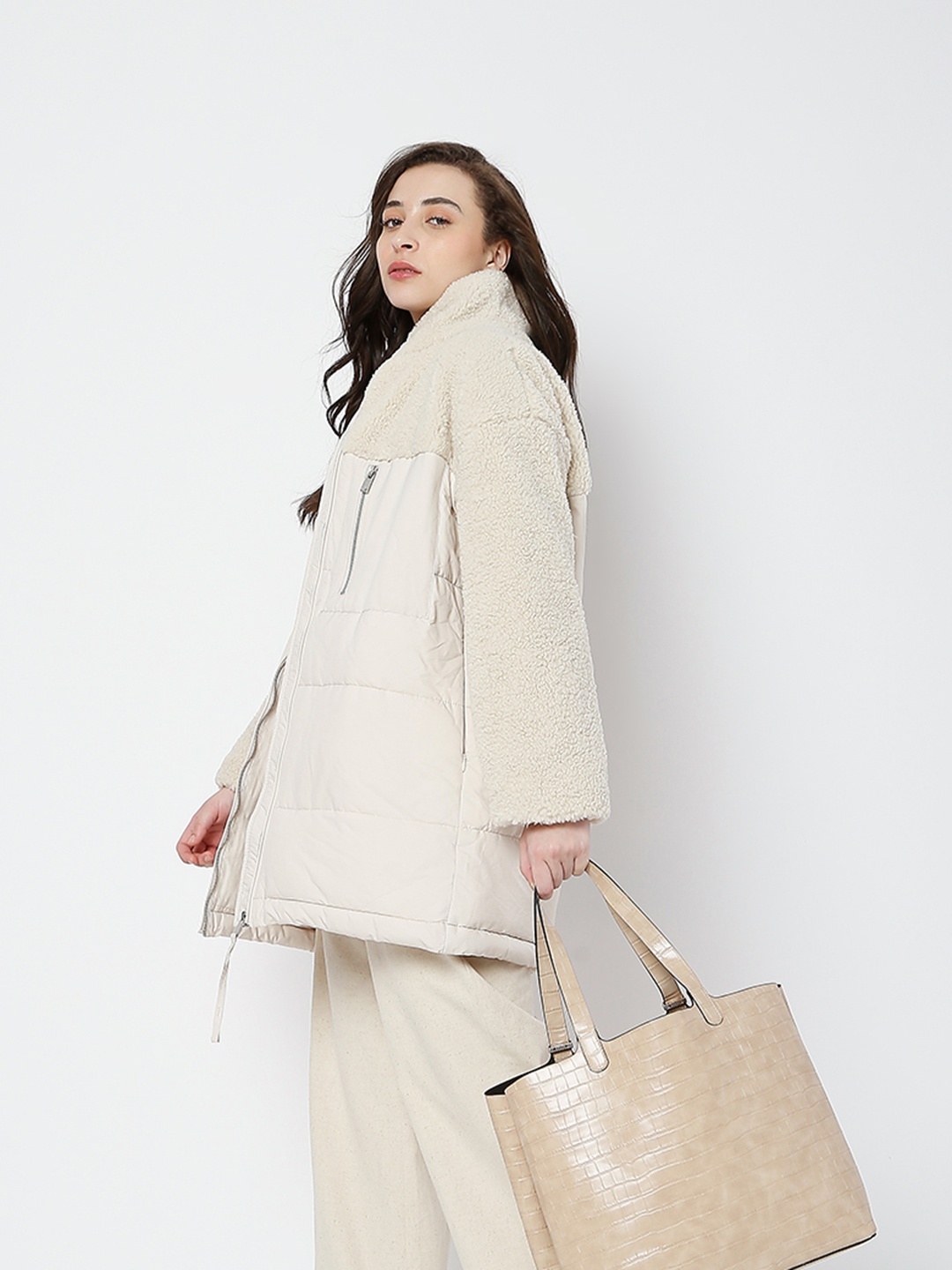 

Vero Moda Stand Collar Padded Jacket With Faux Fur Trim, Off white