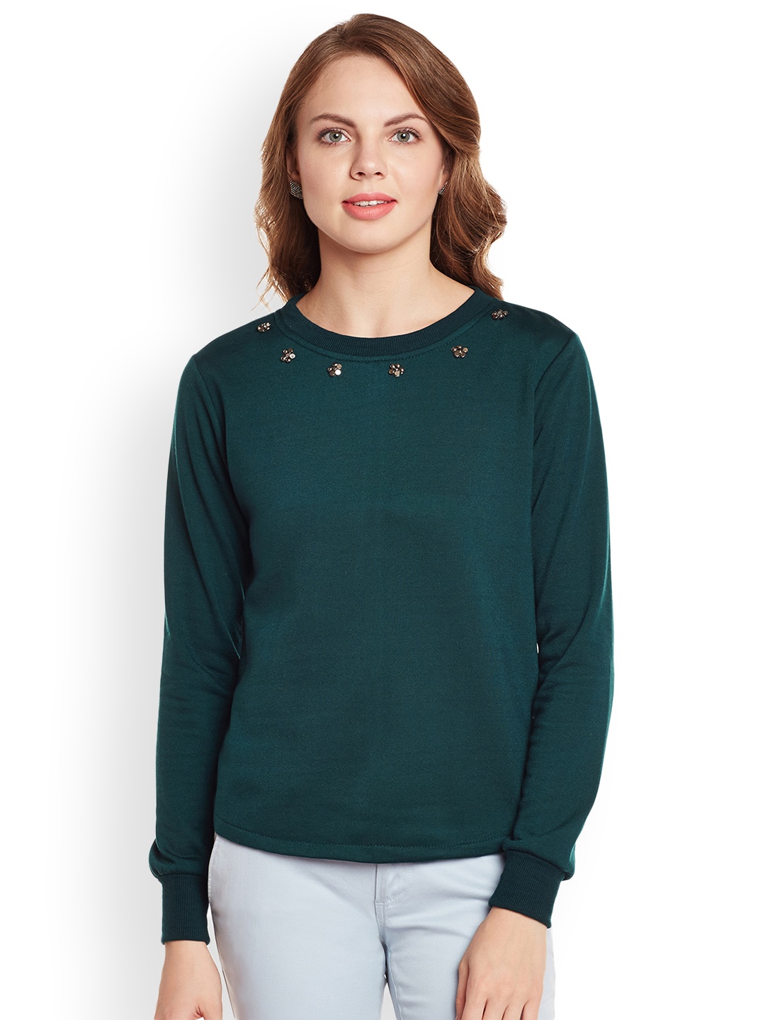 

Belle Fille Women Teal Green Solid Sweatshirt