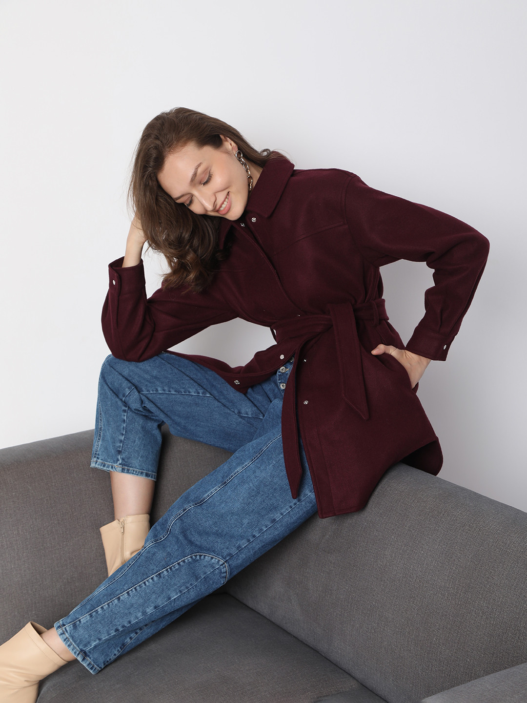 

Vero Moda Spread Collar Longline Coat with Belt, Maroon