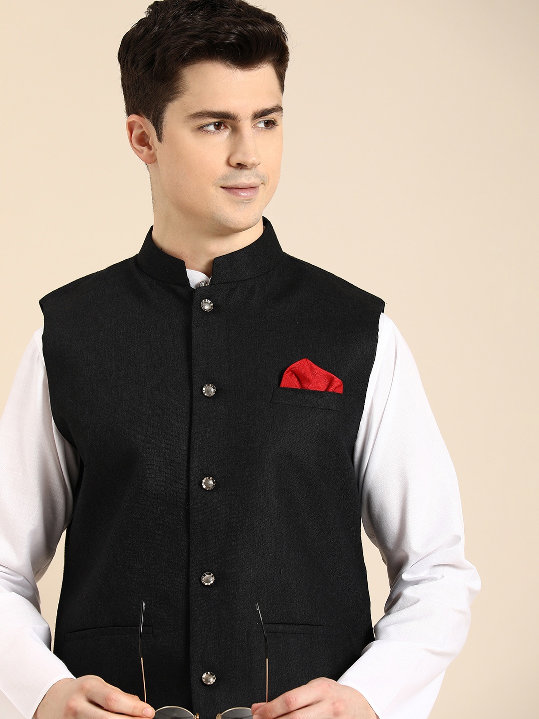 

Anouk Men Regular Linen Kurta With Churidar & With Nehru Jacket, White