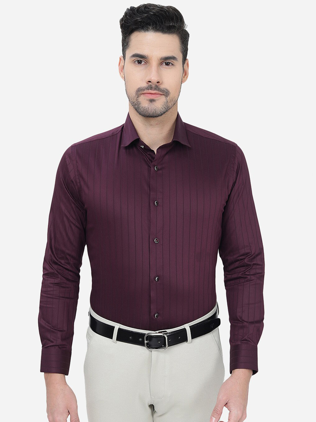 

Greenfibre Slim Fit Vertical Stripes Striped Cotton Formal Shirt, Maroon