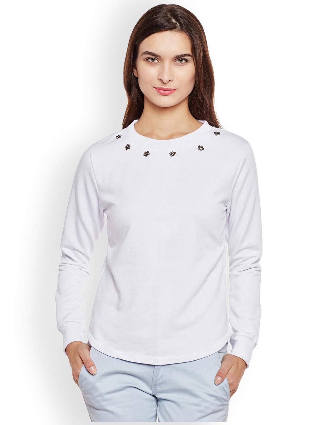 

Belle Fille Women White Solid Sweatshirt