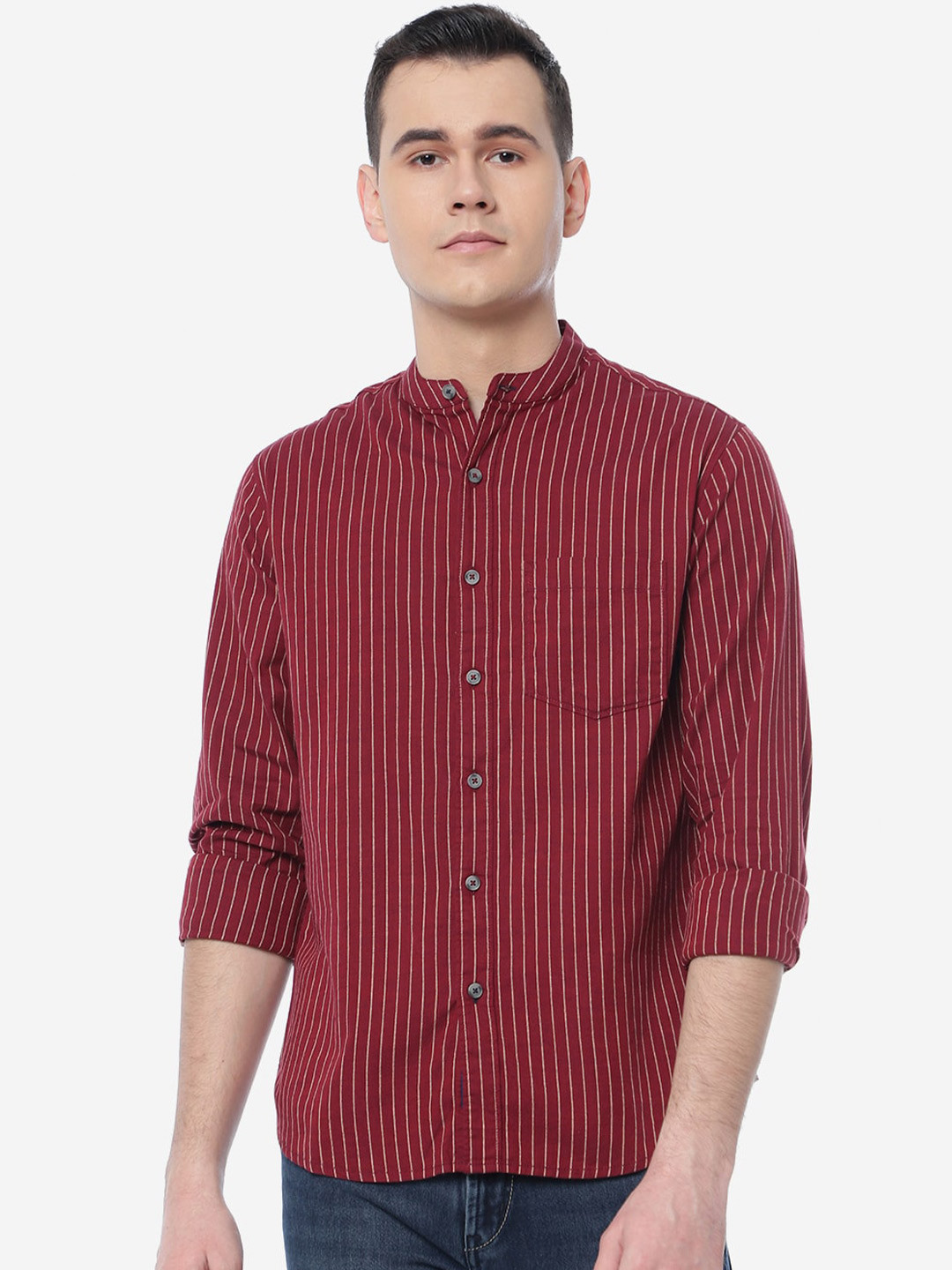 

Greenfibre Slim Fit Vertical Stripes Striped Cotton Casual Shirt, Red