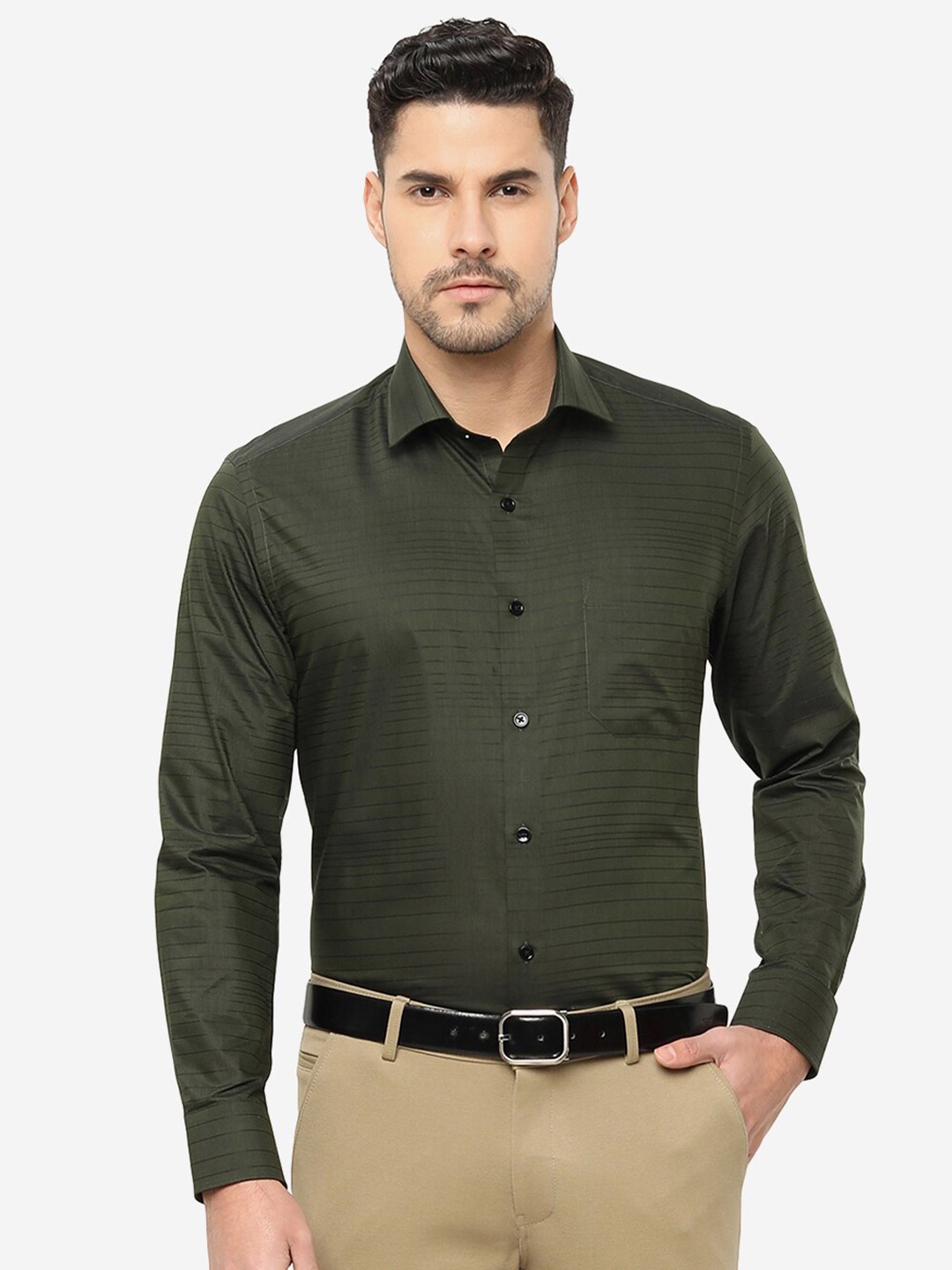 

Greenfibre Striped Slim Fit Cotton Formal Shirt, Green