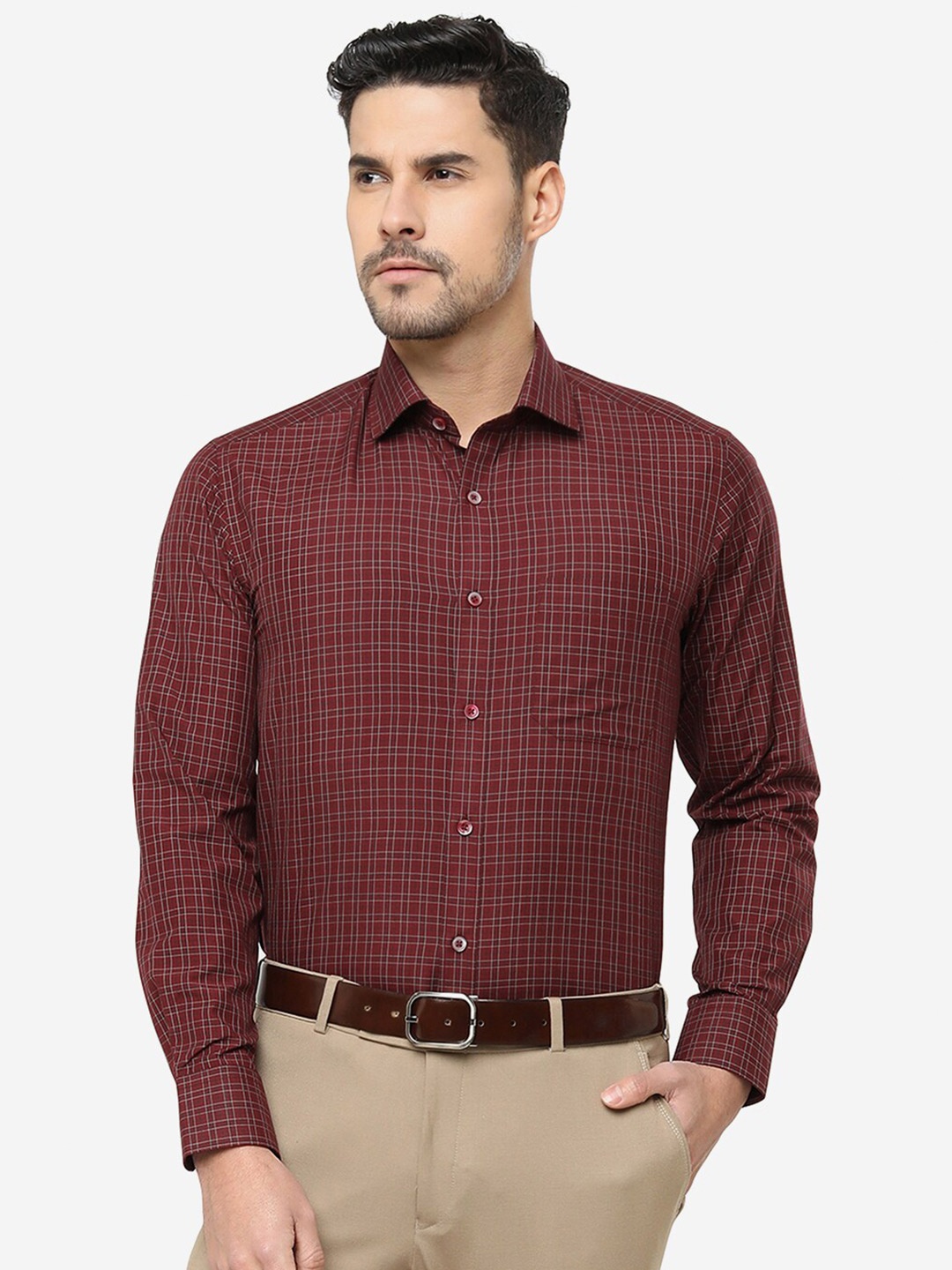 

Greenfibre Slim Fit Tartan Checked Cotton Casual Shirt, Maroon