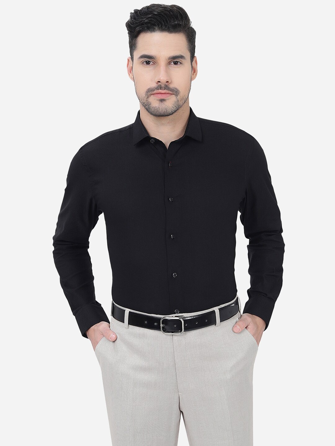 

Greenfibre Self Design Spread Collar Cotton Slim Fit Formal Shirt, Black