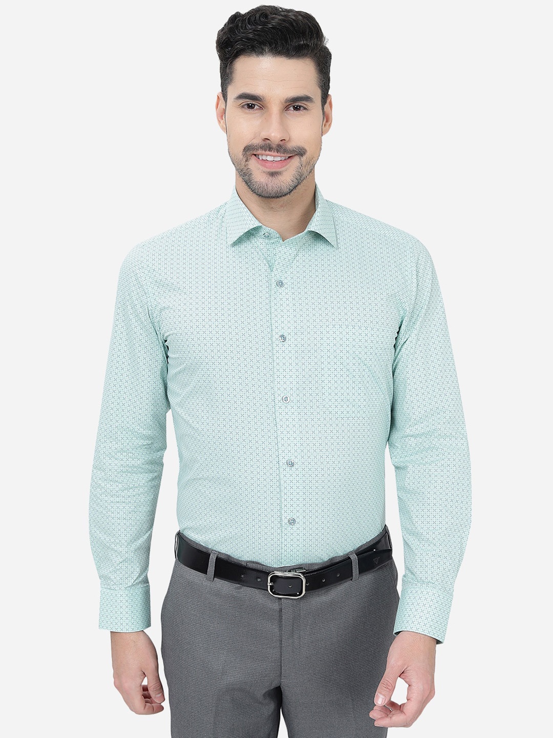 

Greenfibre Slim Fit Micro Ditsy Printed Cotton Formal Shirt, Green