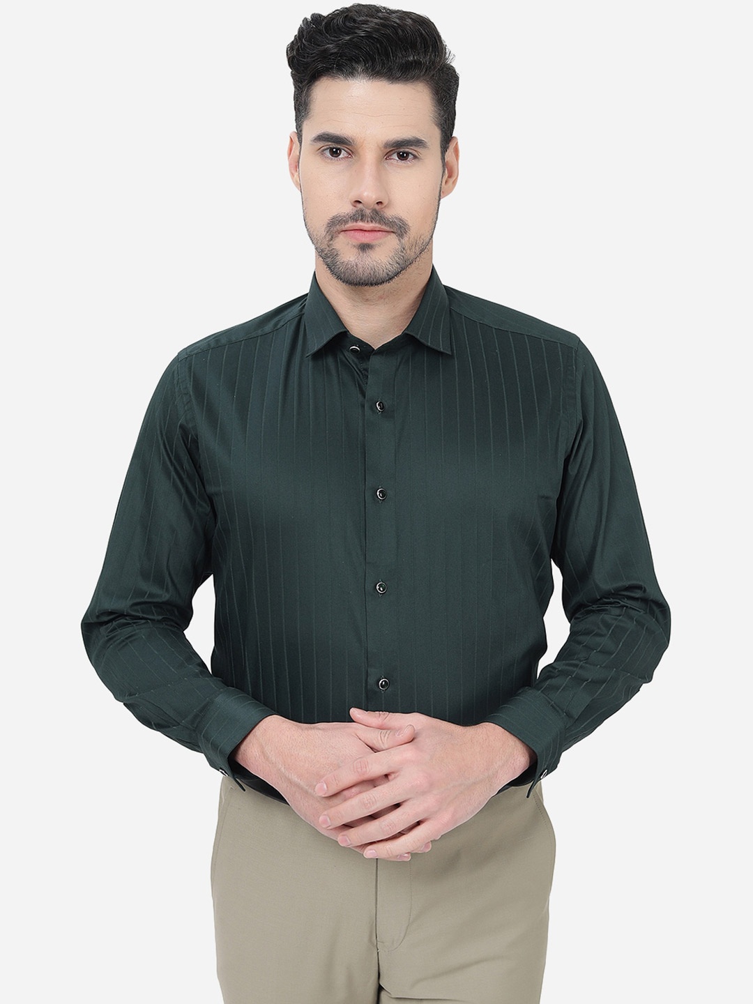 

Greenfibre Striped Slim Fit Cotton Formal Shirt, Green