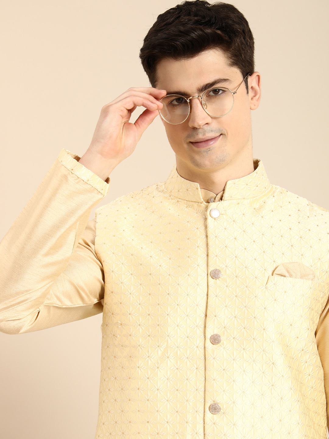 

Anouk Men Regular Kurta With Churidar & With Nehru Jacket, Cream