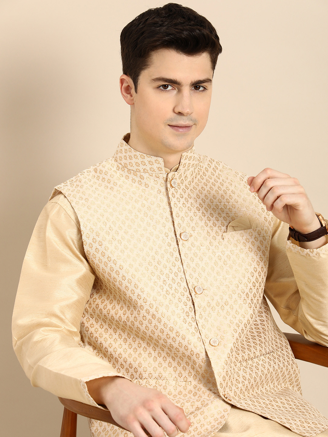 

Anouk Men Regular Kurta With Churidar & With Nehru Jacket, Cream