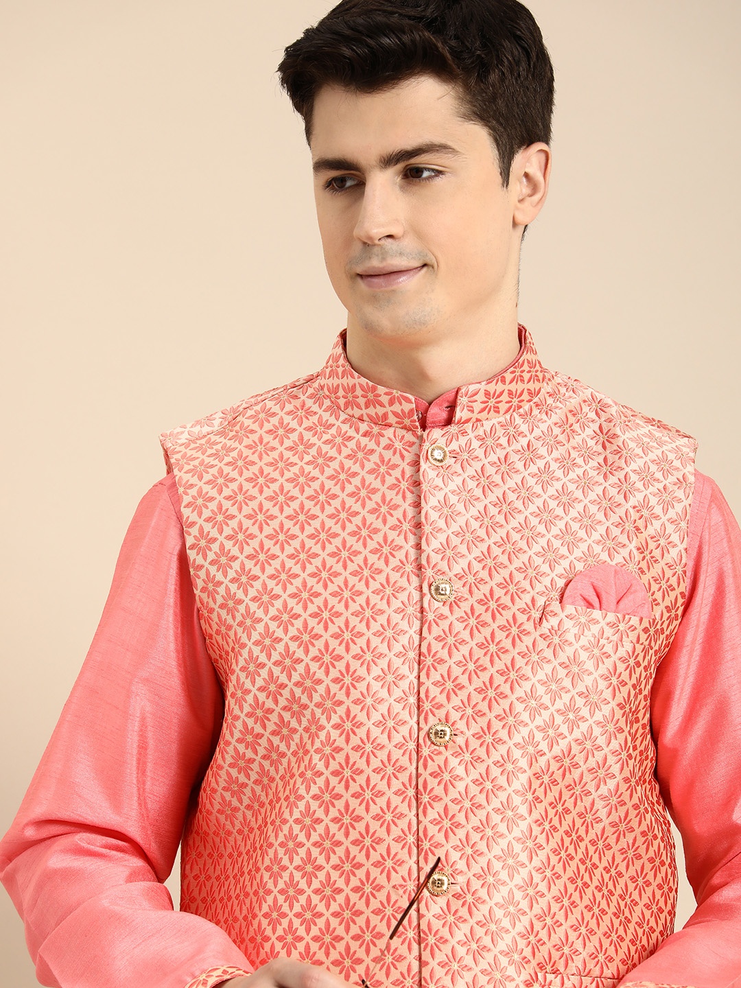 

Anouk Men Regular Kurta With Churidar & With Nehru Jacket, Coral