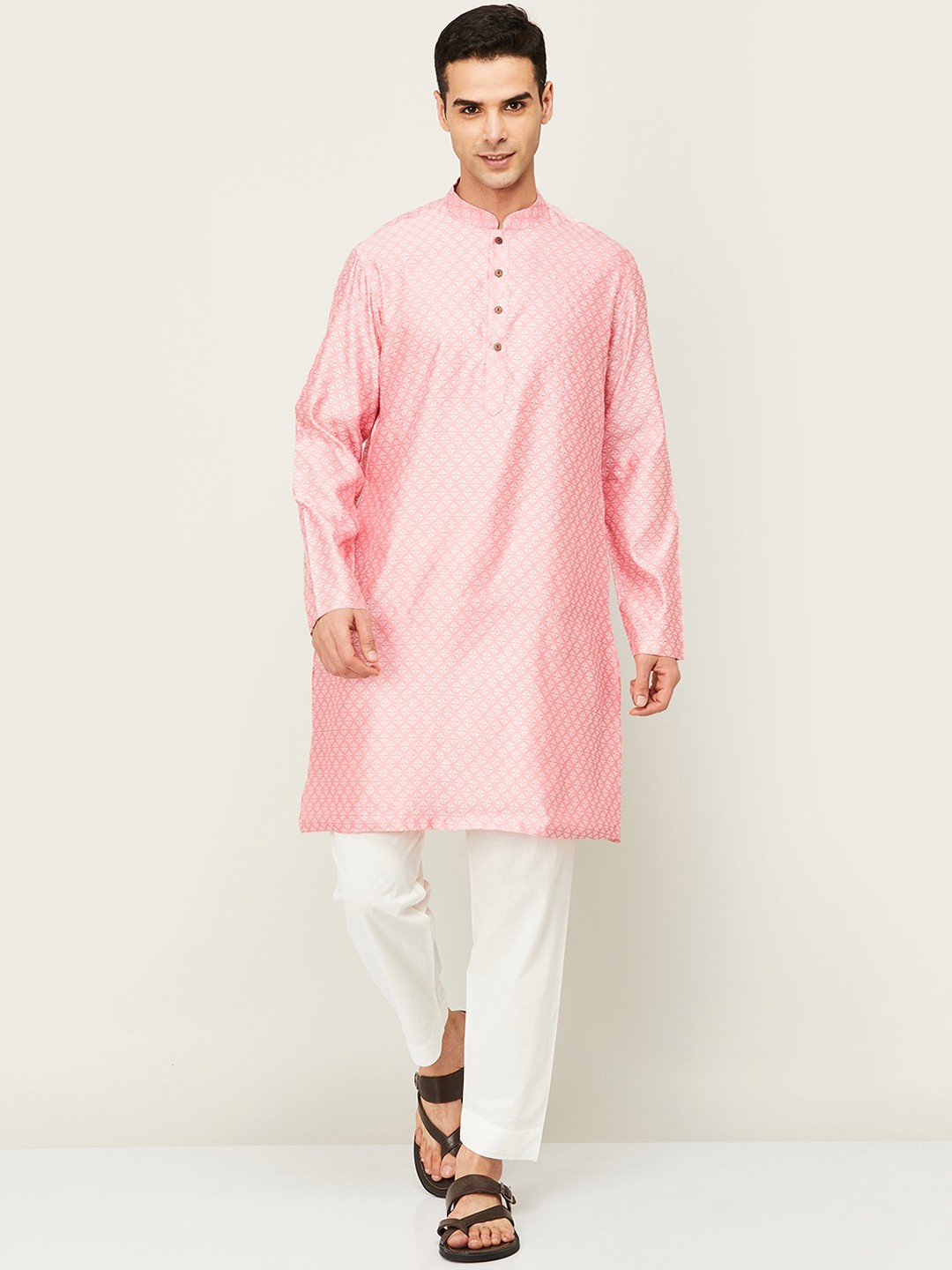 

Melange by Lifestyle Ethnic Motifs Woven Design Pure Cotton Kurta with Trousers, Pink