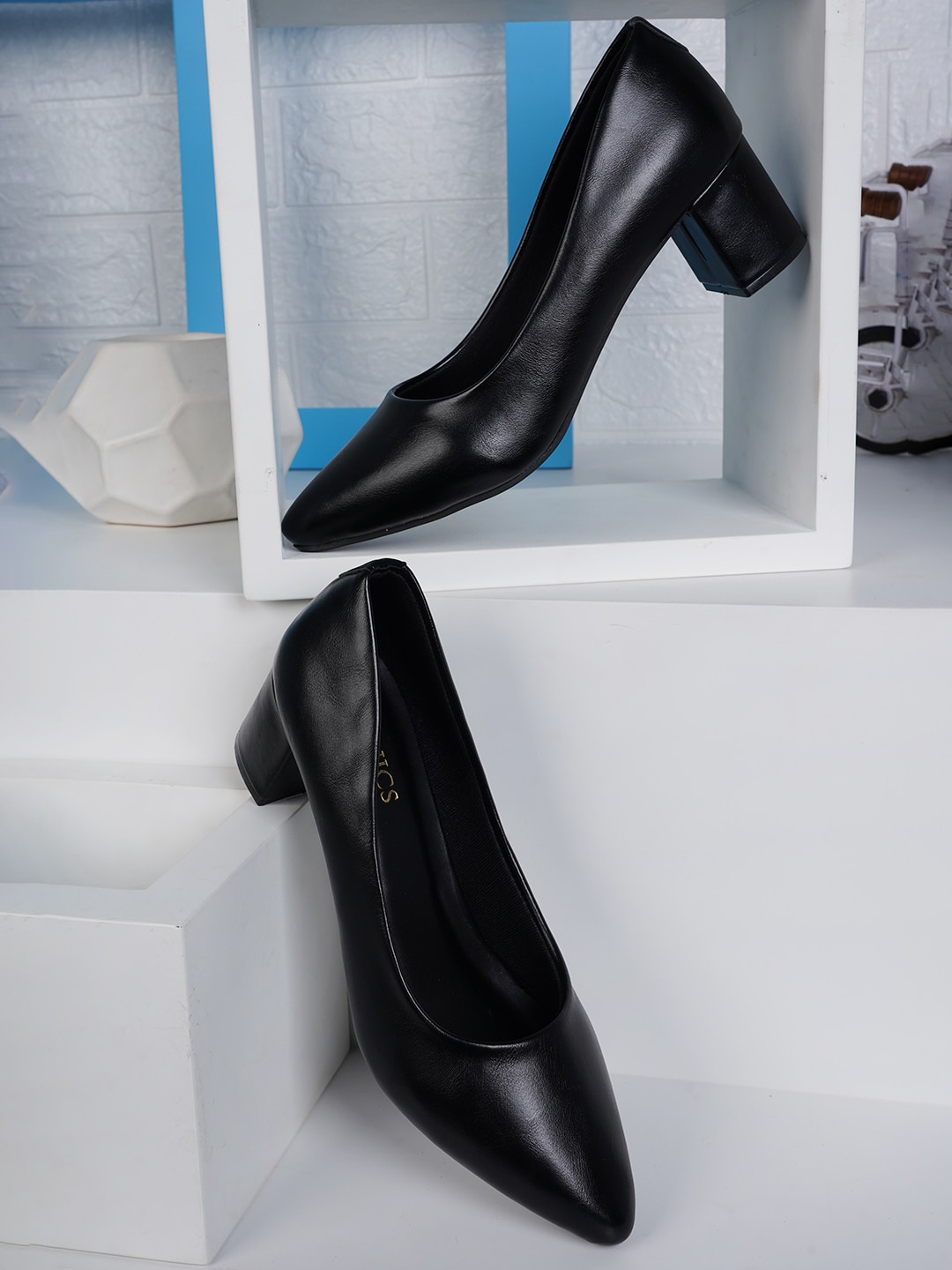 

ICONICS Pointed Toe Closed Back Block Pumps, Black