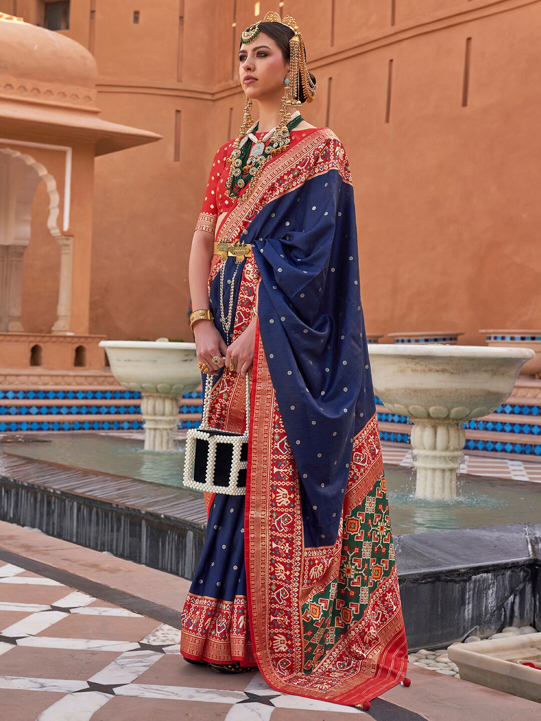 

Anouk Polka Dots Woven Design Zari Patola Saree, Navy blue