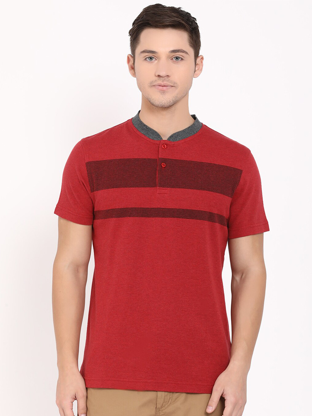 

t-base Striped Mandarin Collar Cotton T-shirt, Red