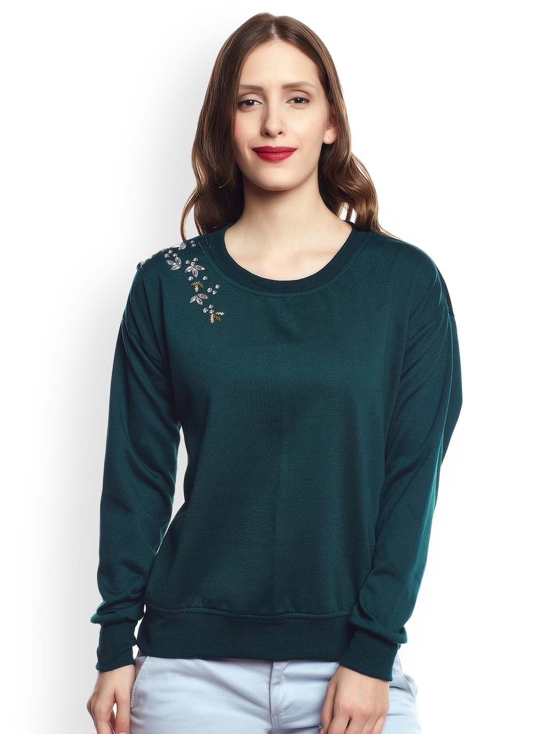 

Belle Fille Women Teal Green Solid Sweatshirt