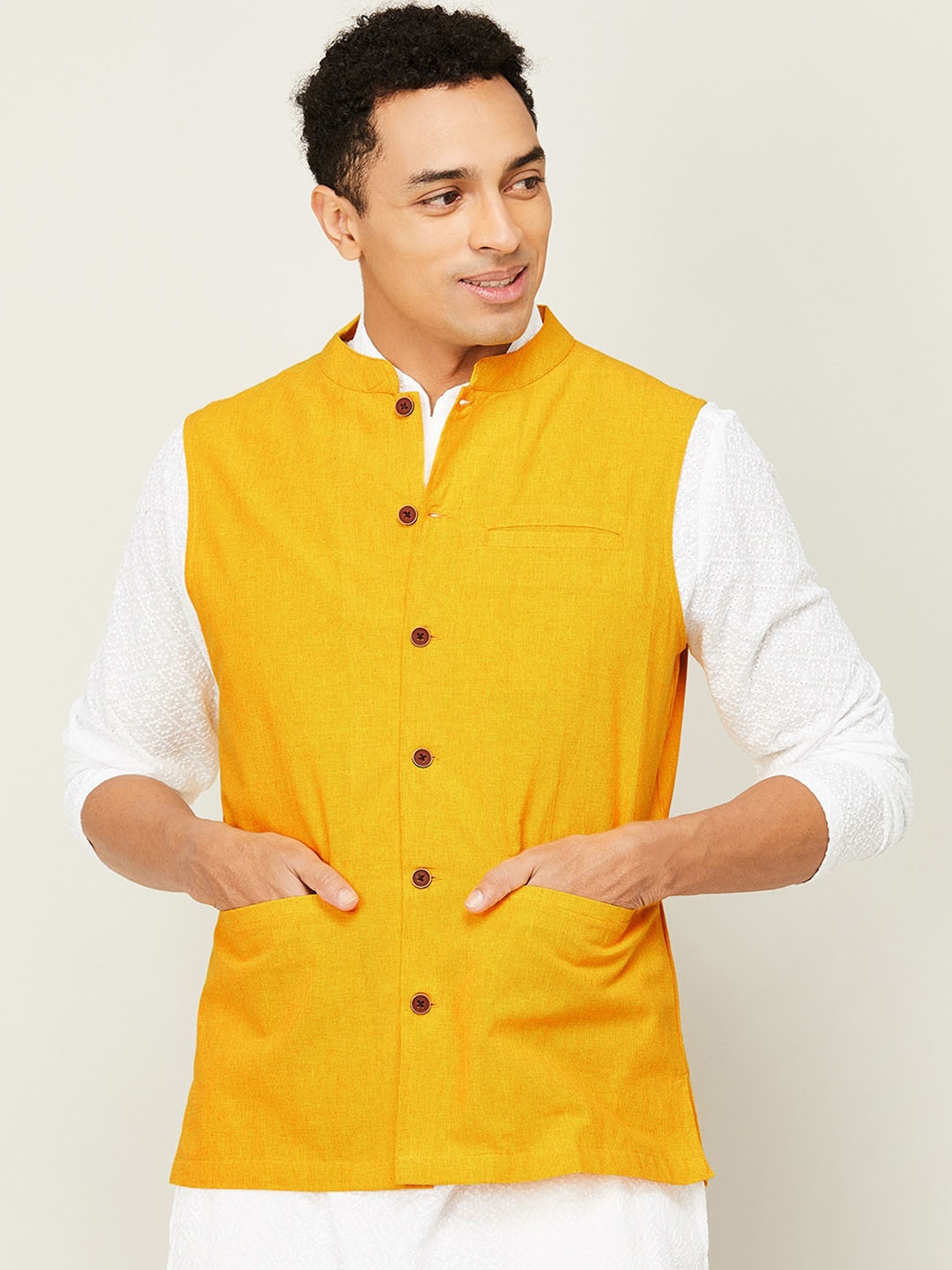 

Melange by Lifestyle Mandarin Collar Pure Cotton Nehru Jacket, Yellow