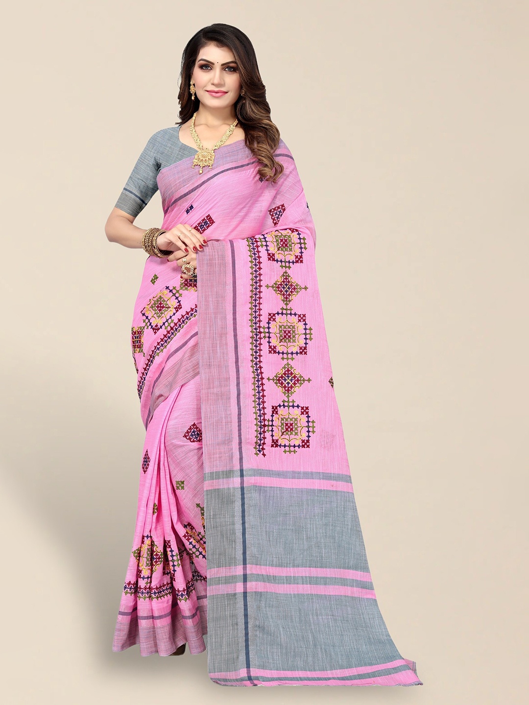 

SERONA FABRICS Ethnic Motifs Embroidered Pure Linen Saree, Pink