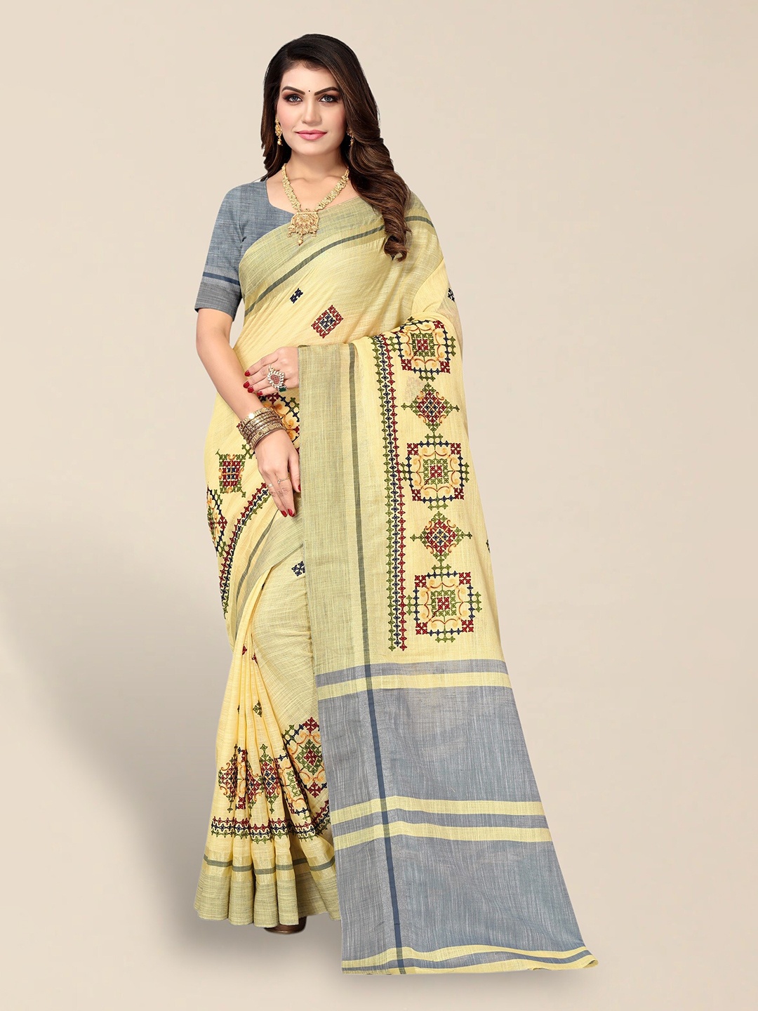 

SERONA FABRICS Floral Embroidered Pure Linen Saree, Yellow