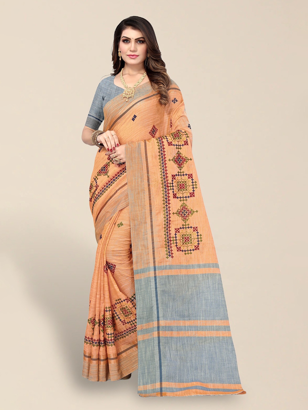 

SERONA FABRICS Floral Embroidered Pure Linen Saree, Orange