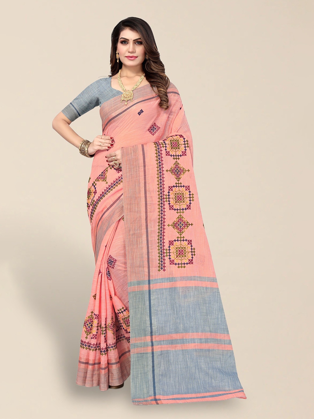 

SERONA FABRICS Ethnic Motifs Embroidered Pure Linen Saree, Peach