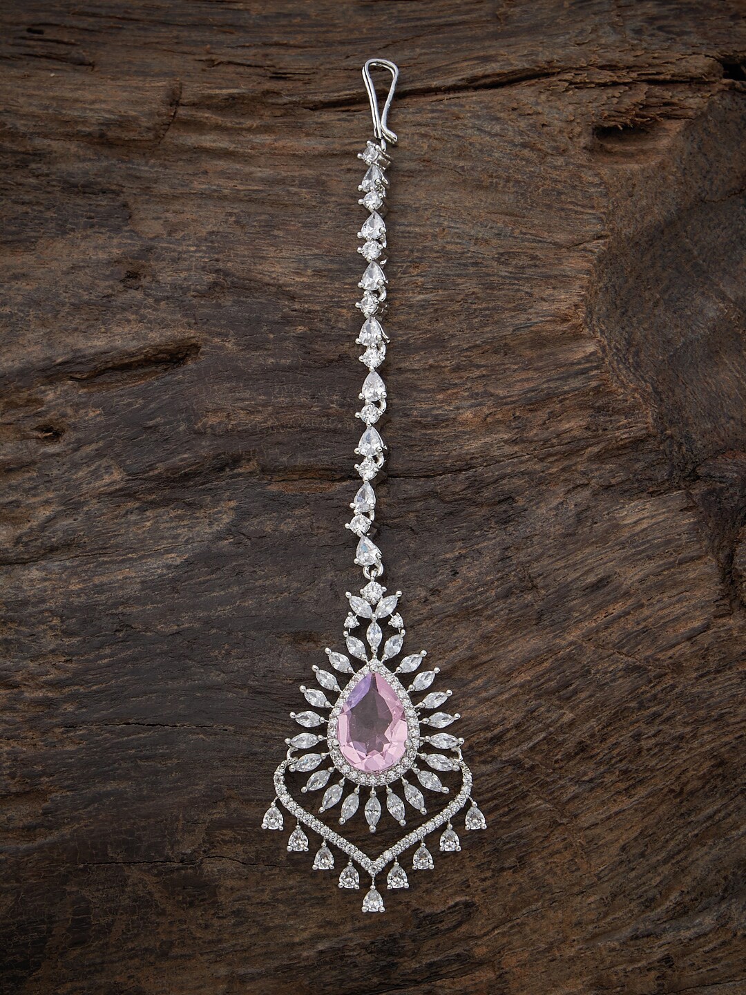 

Kushal's Fashion Jewellery Rhodiump-Plated CZ Studded Maang Tikka, Pink
