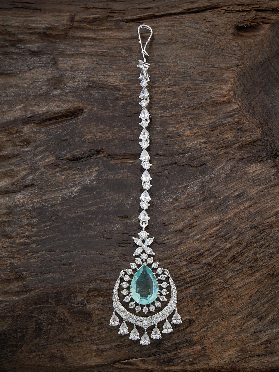 

Kushal's Fashion Jewellery Rhodium-Plated CZ-Studded Maang Tikka, Sea green
