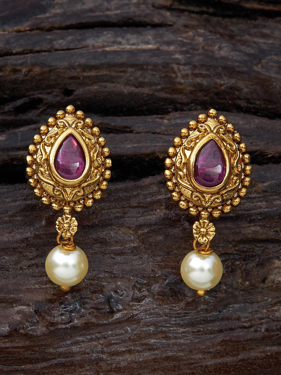 

Kushal's Fashion Jewellery Stone Studded Teardrop Shaped Drop Earrings, Red